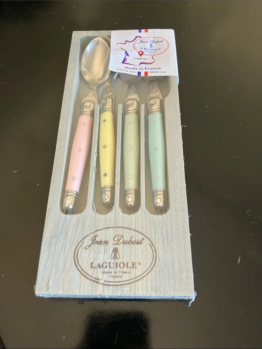 Laguiole Jean Dubost Pastel Dessert Spoon Set - Pink, Yellow, Mint